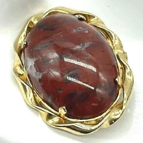 Vintage Gold Filled Brecciated Jasper Brooch Fancy Pin Elegant - Picture 1 of 4